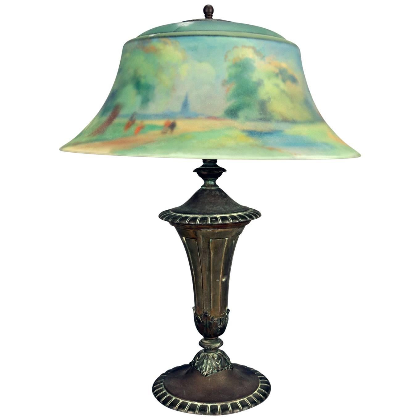 Pairpoint Reverse Painted Three-Light Table Lamp, Artist Signed Auba