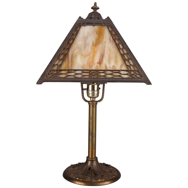 Antique Arts and Crafts Miller Slag FourPanel Glass Petite Table Lamp, circa 1920 at 1stDibs