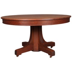 Vintage Arts & Crafts Mission Oak Hastings Pedestal Dining Table with Leaves, circa 1910