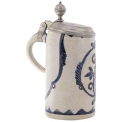 German Saltglaze Stein with Pewter Cover, Incised Flowers, circa 1750