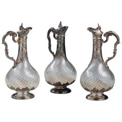 Set of Three French Silver Mounted and Cut-Crystal Claret Jugs