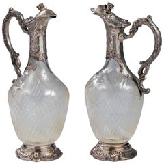 Pair of French Silver Mounted and Cut Crystal Claret Jugs