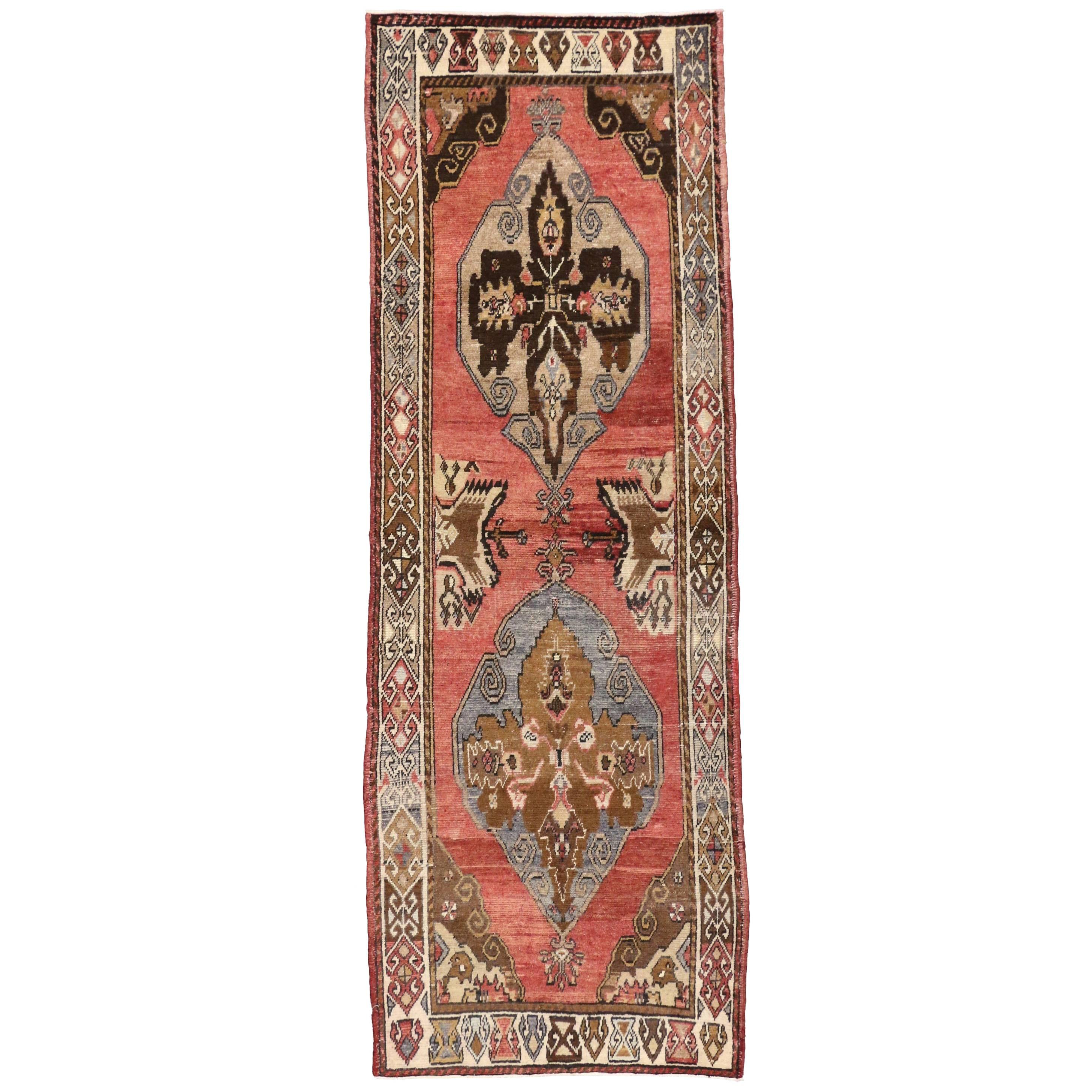 Vintage Turkish Oushak Rug Runner with Rustic Modern Style For Sale