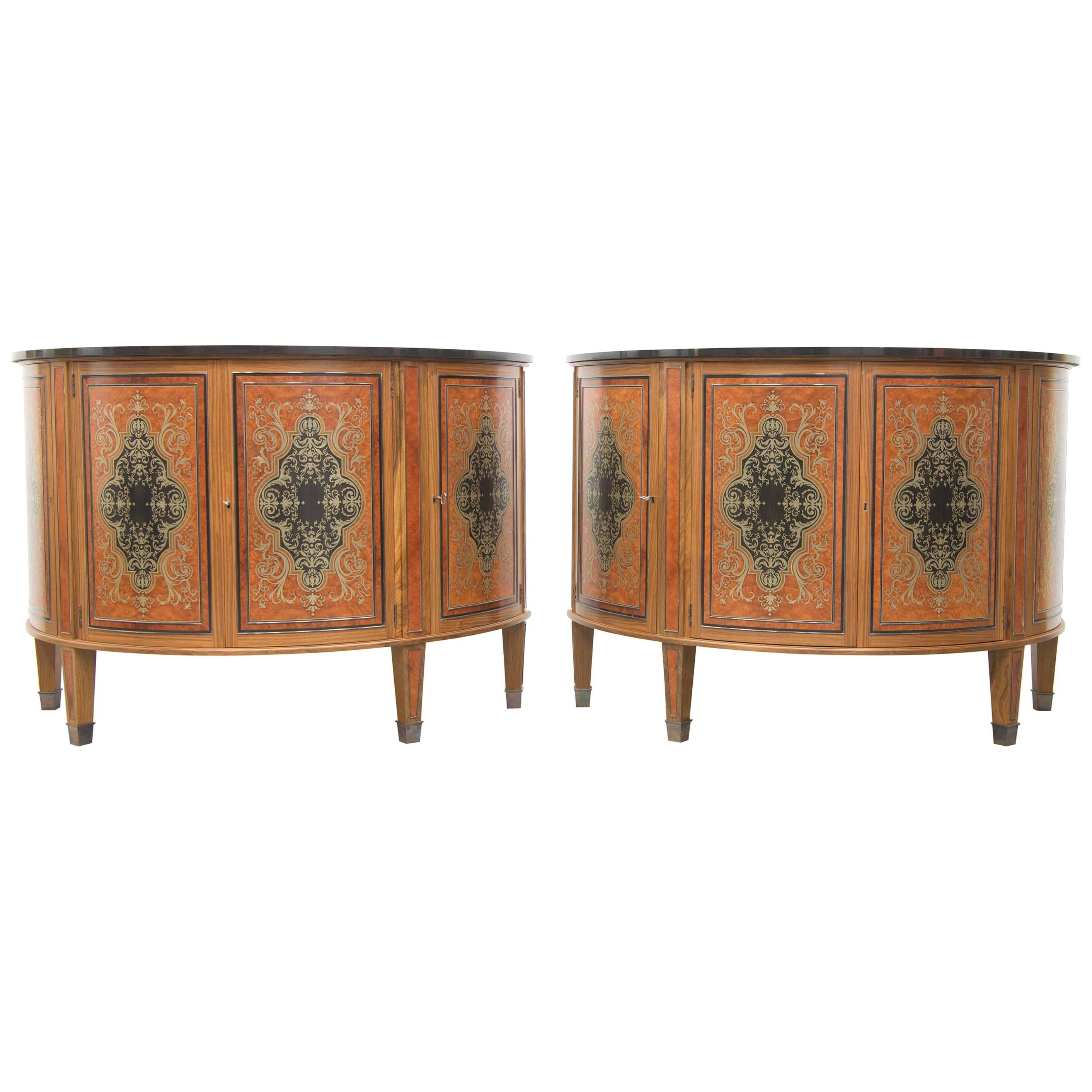 Pair of David Linley Demilune Commodes with Black Marble Top and Boulle Inlay For Sale