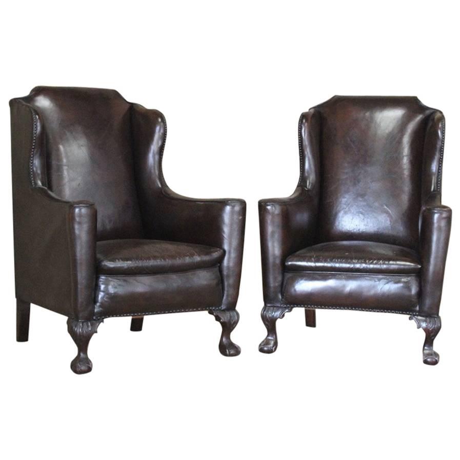 Good Pair of circa 1910 English Wingback Leather Armchairs