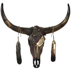 Custom Lacquered Bull Skull with Metal Armor and Feather Horn Accents