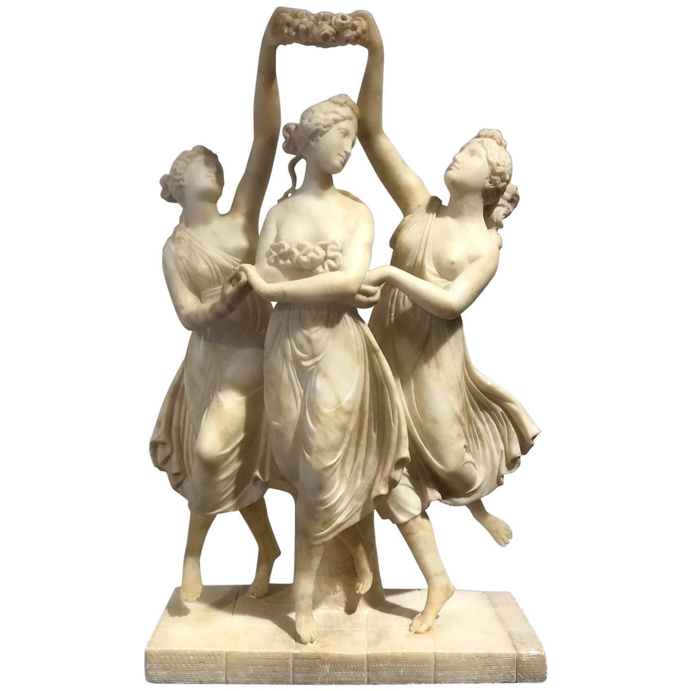 19th Century Italian White Alabaster Statue of the Three Graces