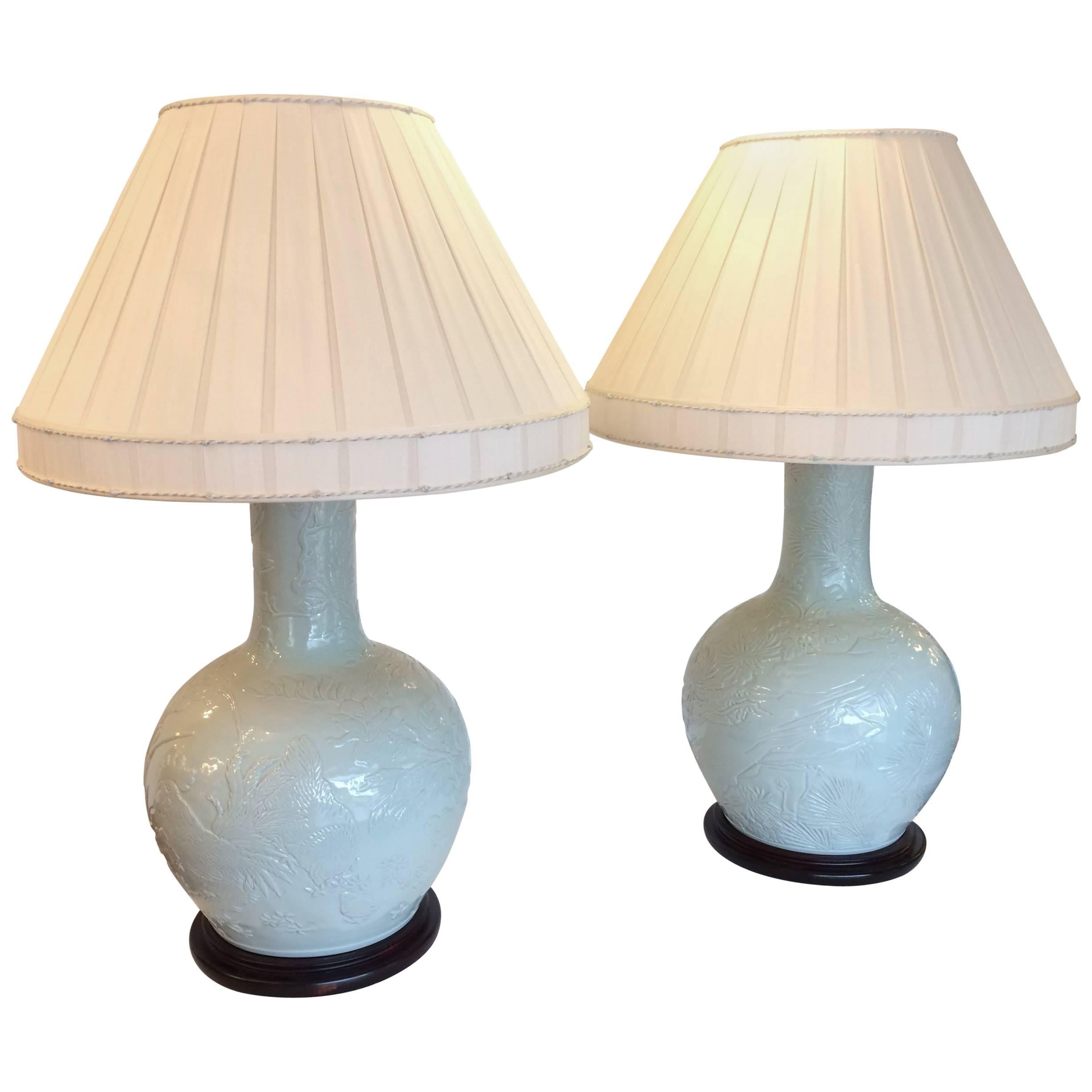 Monumentally Large Impressive Pair of Celadon Chinese Table Lamps