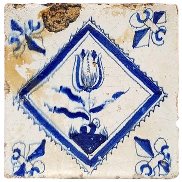 Mid-17th Century Delfts Blue Tile Hand-Painted