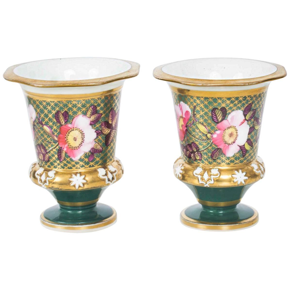 Antique Pair of Green and Gilt Regency English Beaker Matchpots, 19th Century