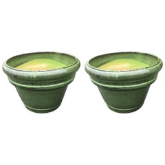 Pair of Large Earthy Green Glazed Terracotta Flower Pot Planters Jardinières