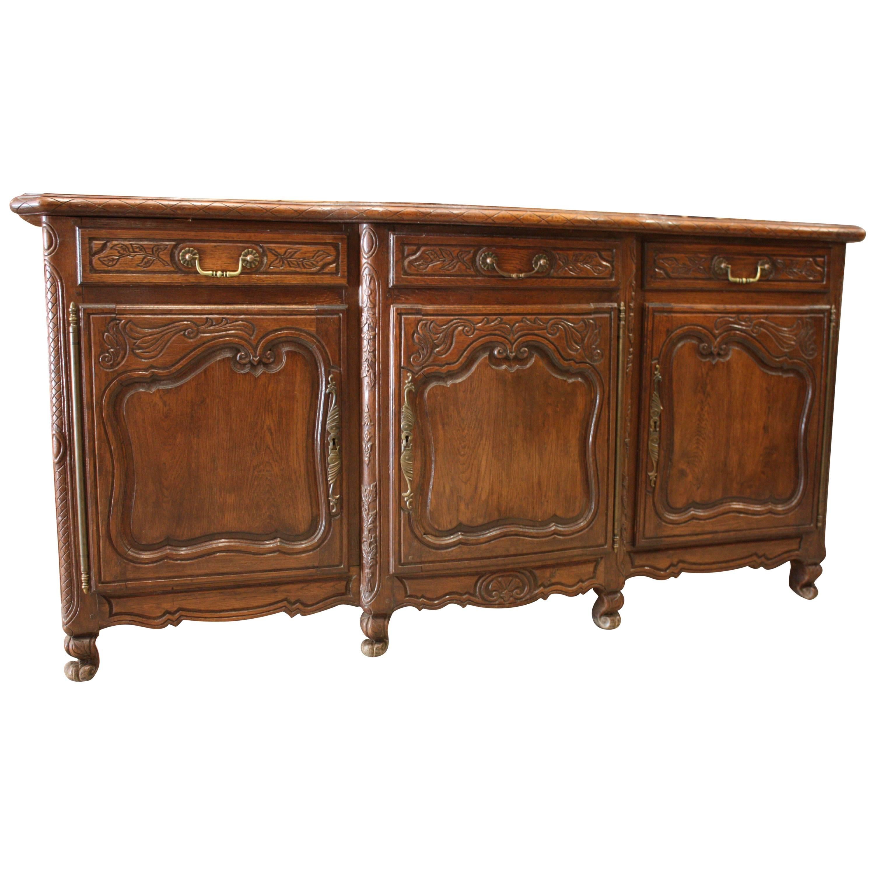 Antique French Louis XV Period Carved Oak Enfilade with Parquet Top, circa 1860