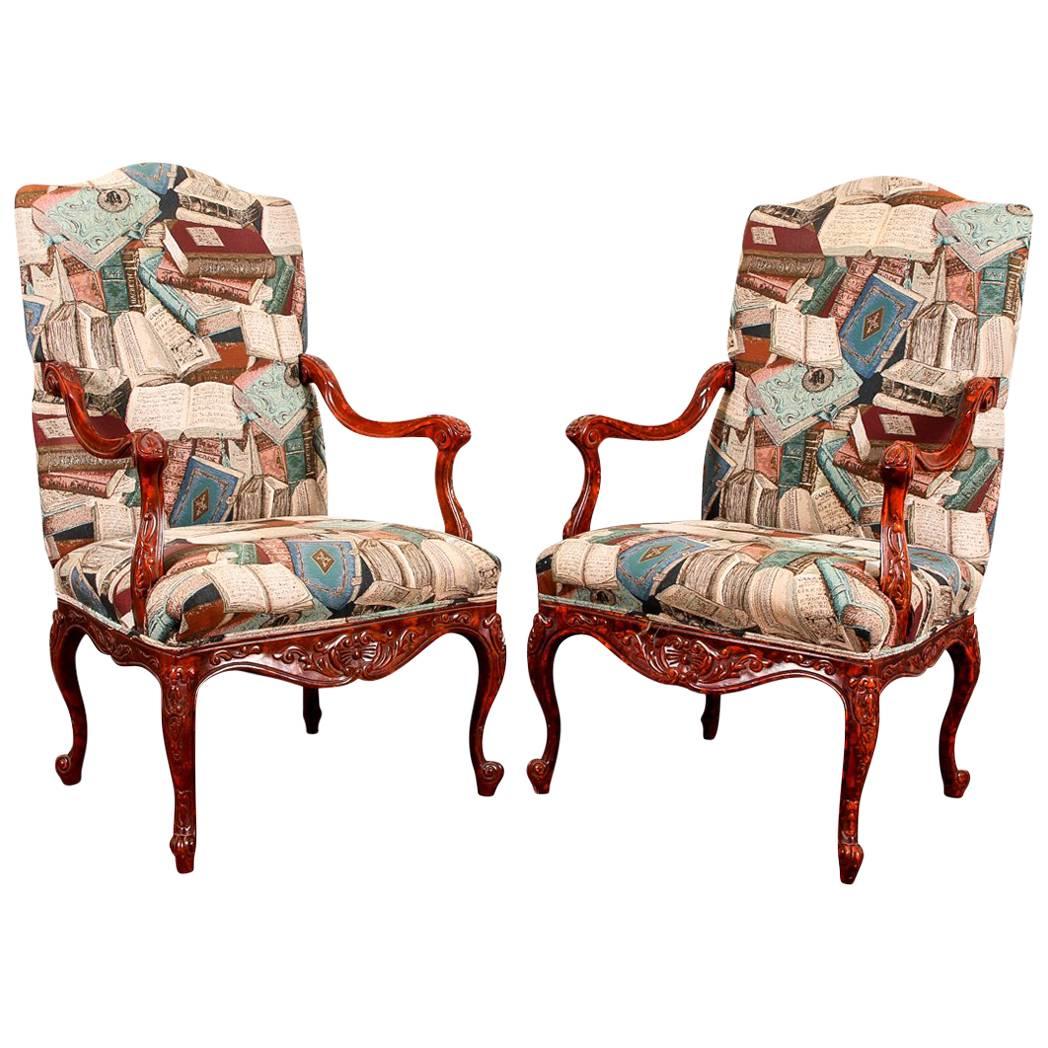 Pair of Carved Faux Tortoise Lacquered Armchairs