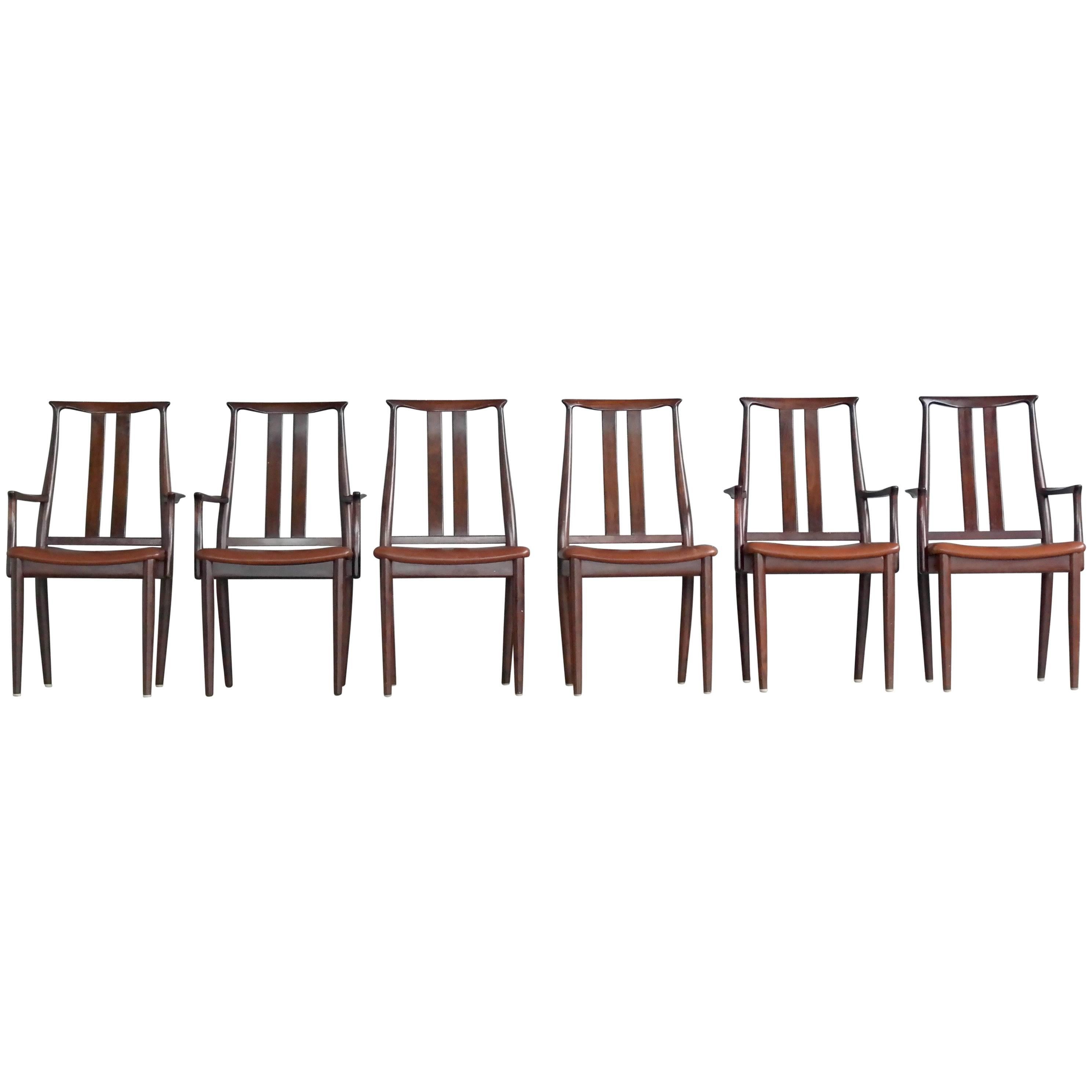 Danish Midcentury Set of Six Dining Chairs in Stained Beech and Leather