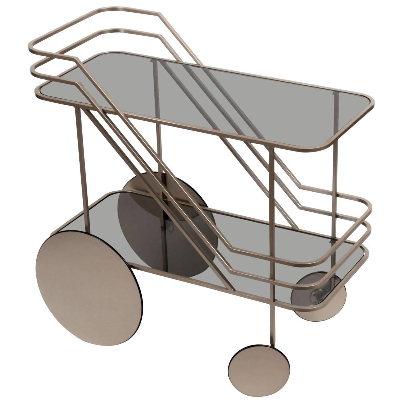 Champagne European Powder Coated Metal Drinks Cart with Smoke Glass Shelves