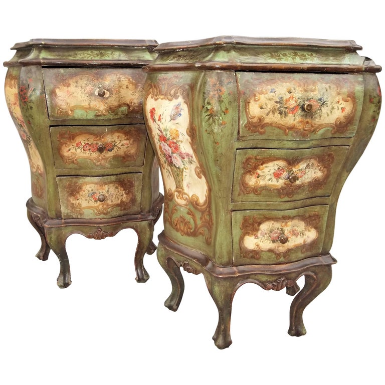 Pair of Venetian or Italian Floral Decorated Painted Commode Consoles For Sale
