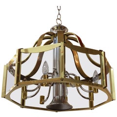 Retro Fredrick Ramond Chandelier with Glass Panels in Brass and Chrome