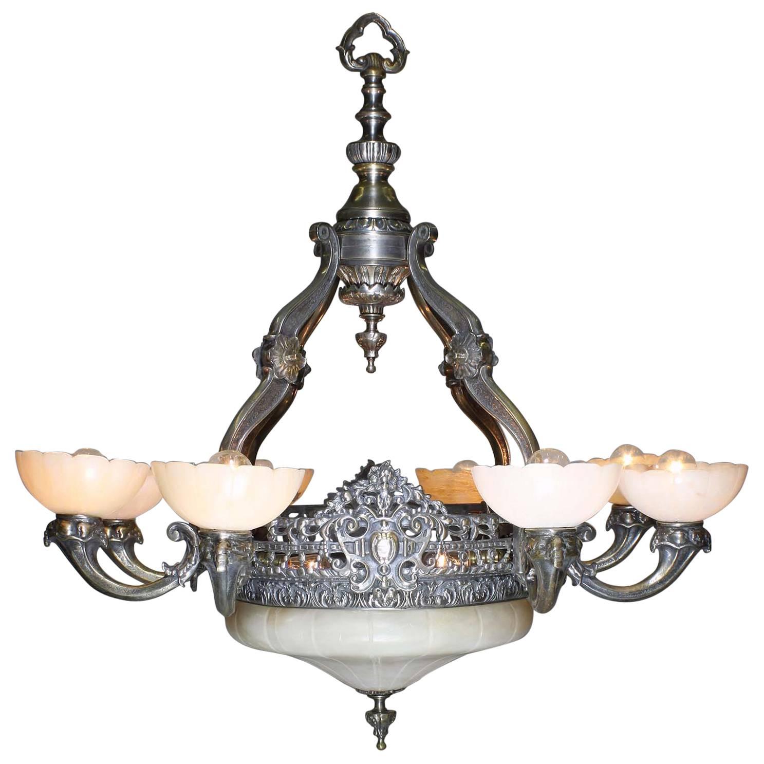 French 20th Century Art Deco Silvered Bronze & Alabaster Eight-Light Chandelier For Sale