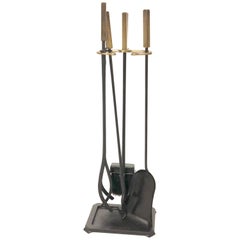 Modernist Set of Fire Place Tools in Patinated Brass and Iron