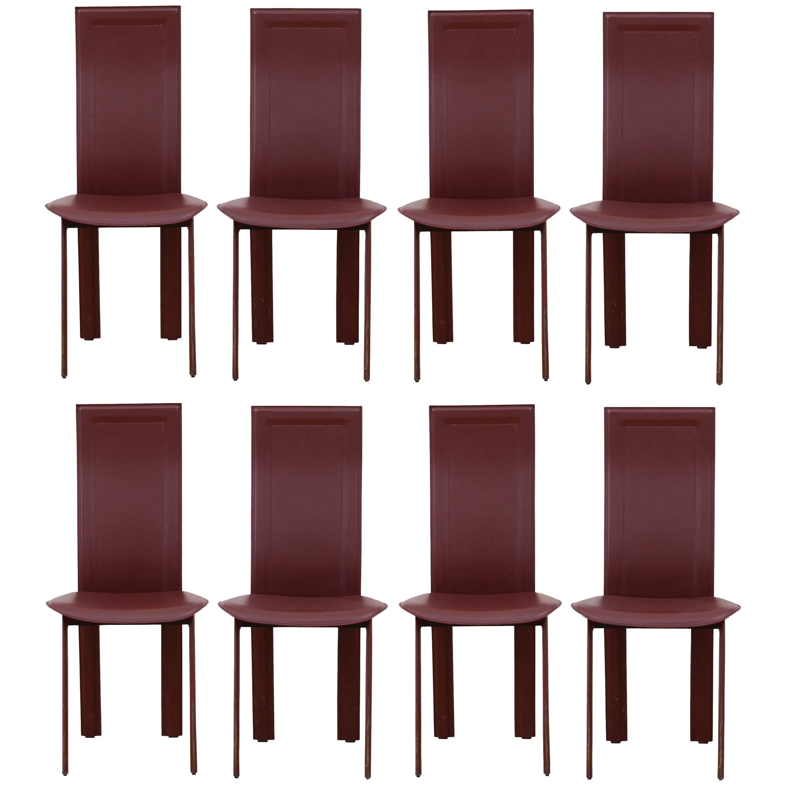 Set of Eight Fine Quality Cordovan Leather Italian Dining Chairs For