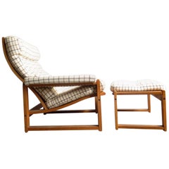 Danish Oak Lounge Chair and Ottoman with Original Fabric
