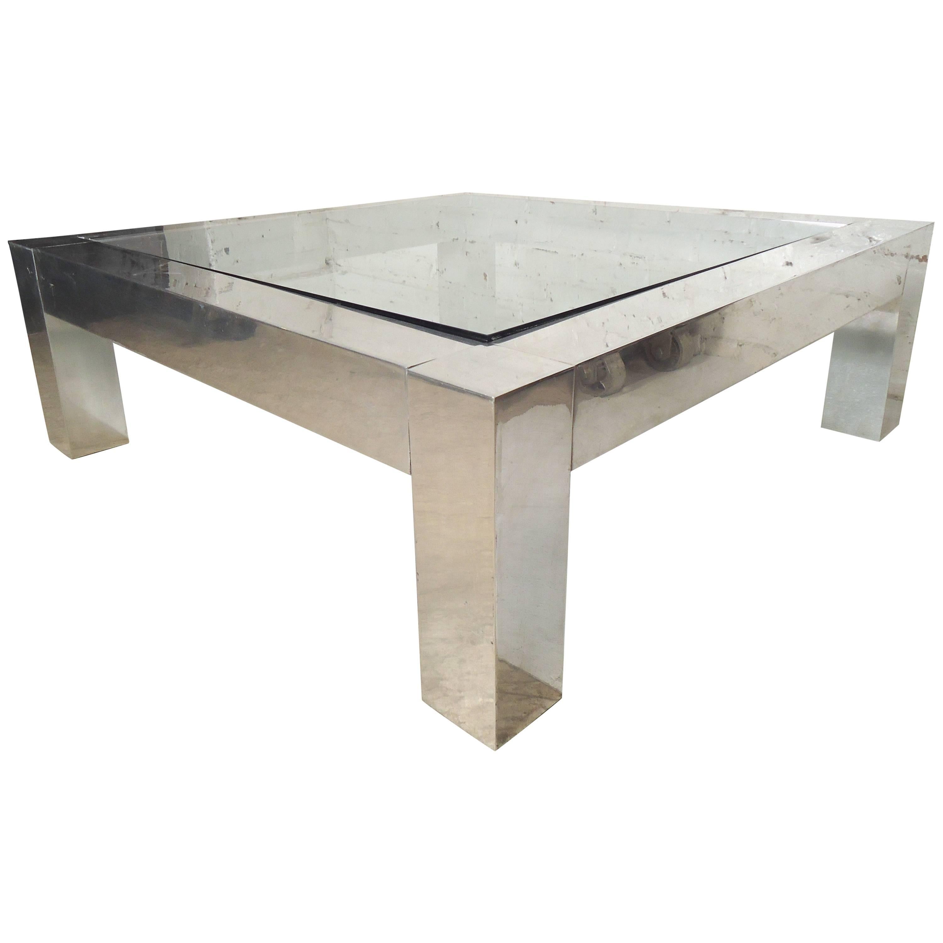 Square Chrome Glass Coffee Table in the Style of Paul Evans