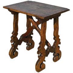 Antique Small Mixed Wood 18th Century Spanish Lyre Leg Table, Walnut and Pine