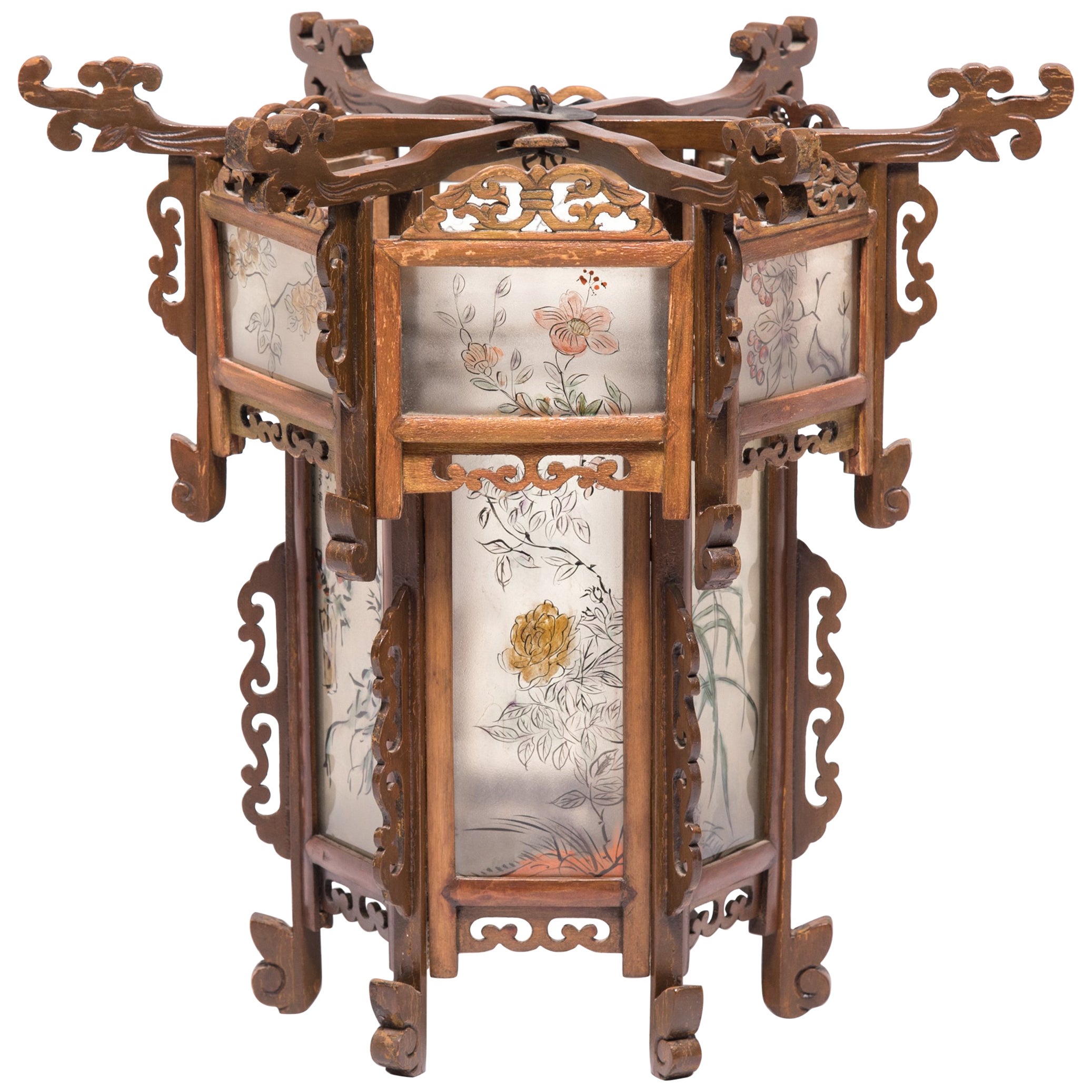 Pair of 19th Century Glass and Rosewood Chinese Lanterns For Sale at