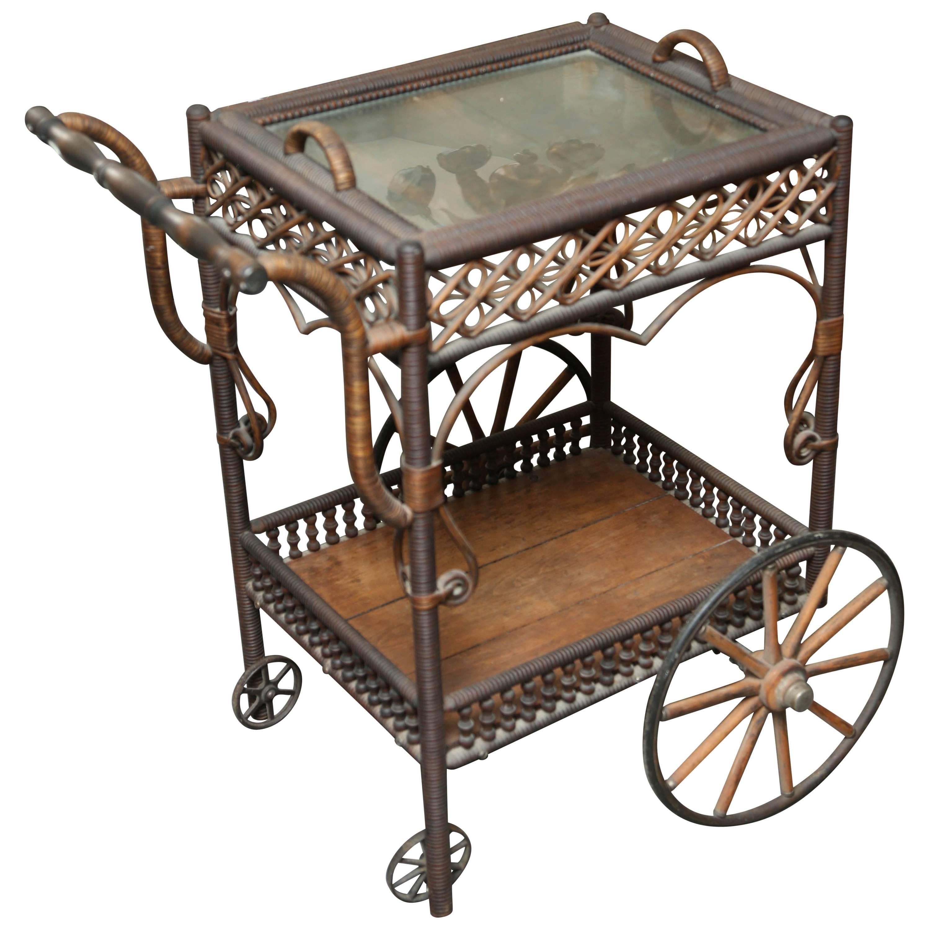 Superior Antique Wicker Bar / Tea Cart