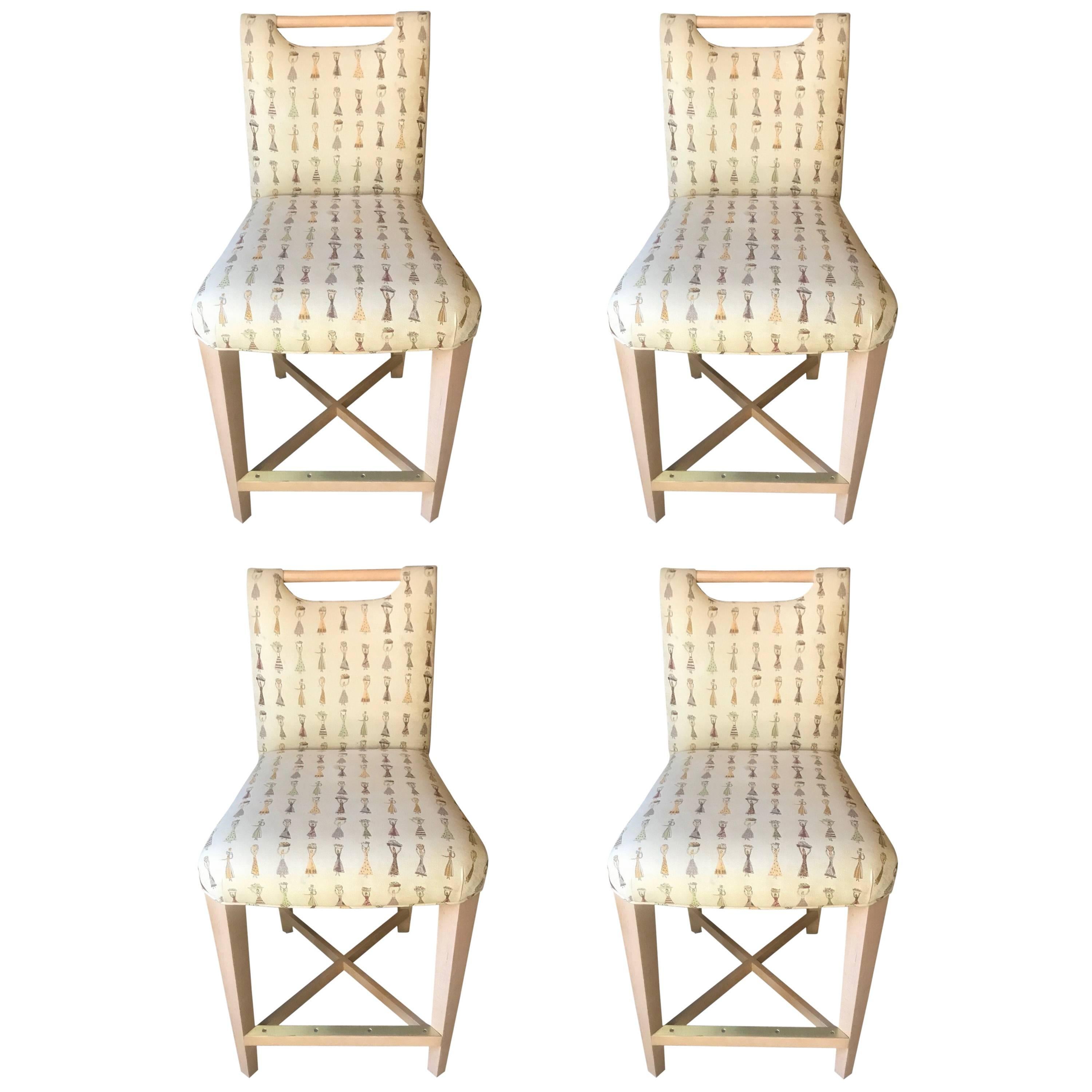 Set of Four Sophisticated Wood and Upholstered Counter Chairs