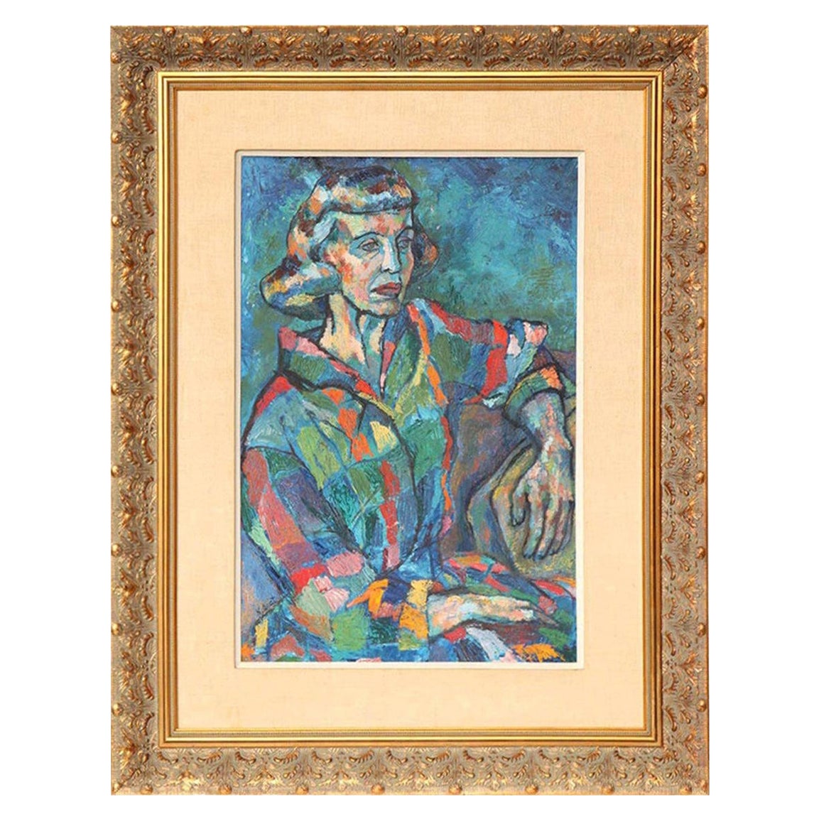 Pittura Mid-Century Ritratto di Signora Arte Moderna Mid-Century, Firmato, C.C. 1950