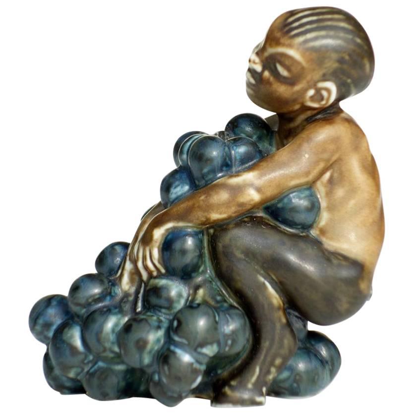 Kai Nielsen Bing & Grondahl Denmark Art Deco Stoneware Faun with Grape For Sale