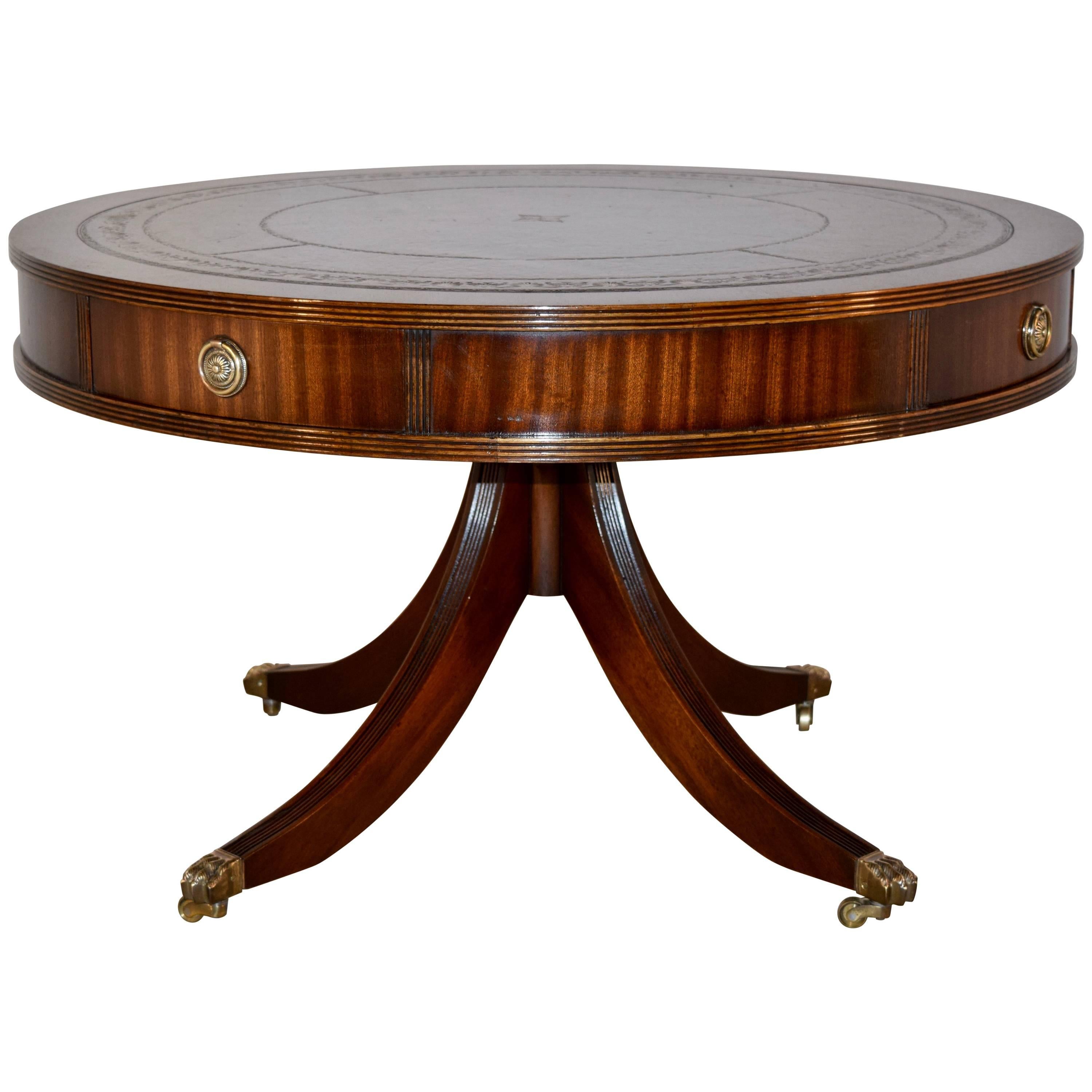 Mahogany Drum Coffee Table with Leather Top