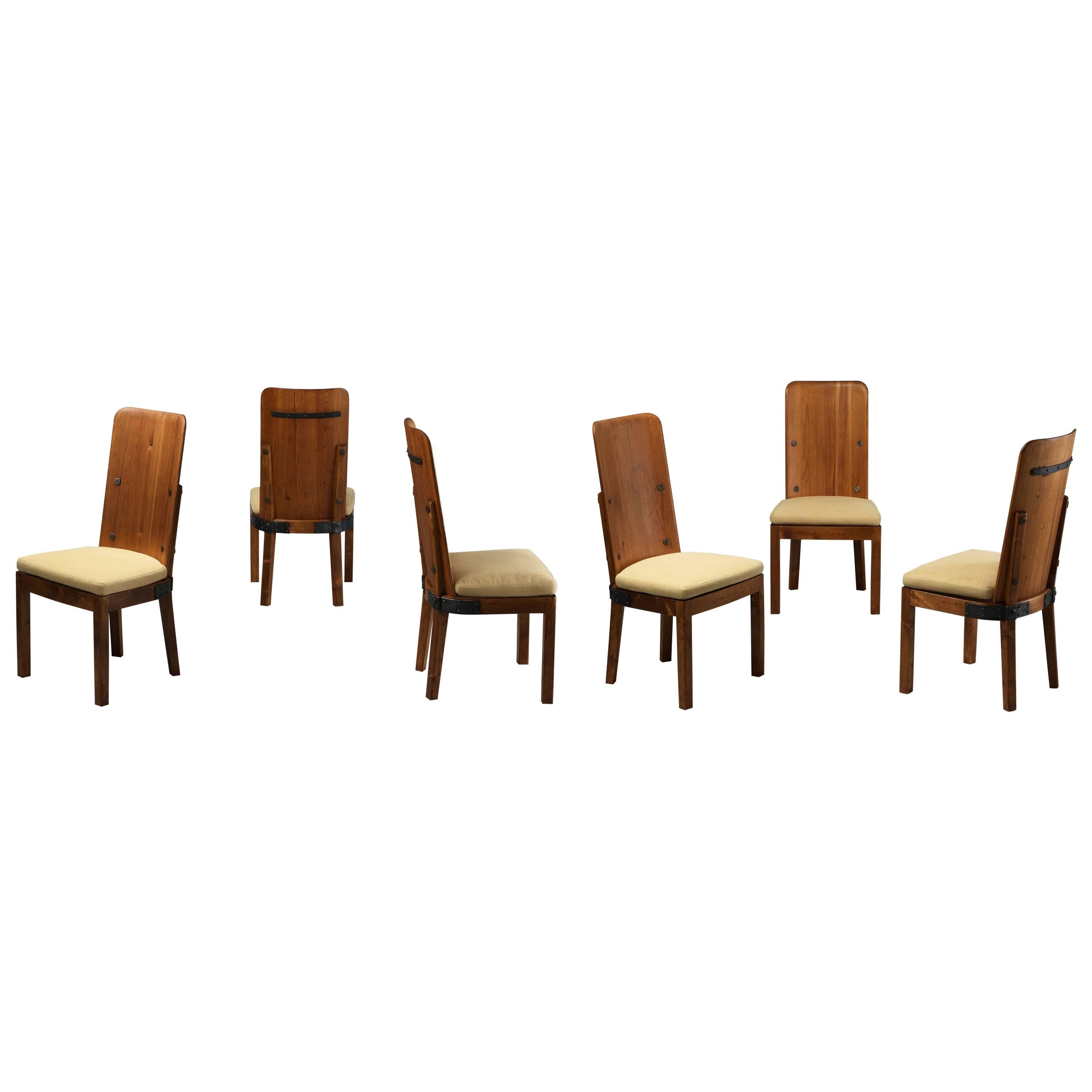 Axel Einar Hjorth Set of Six "Lovö" Dining Chairs, Pine, Cast Iron, Fabric, 1932