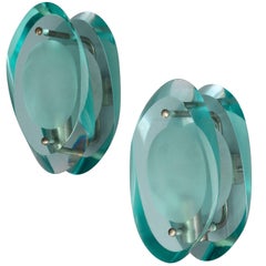 Max Ingrand, Wall Lamps / Sconces Nickel-Plated Brass, Blue Crystal Glass, 1950s