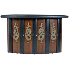 Custom-Made Large Asian Modern Black Tufted Vinyl Bar with Carved Wood Dragons