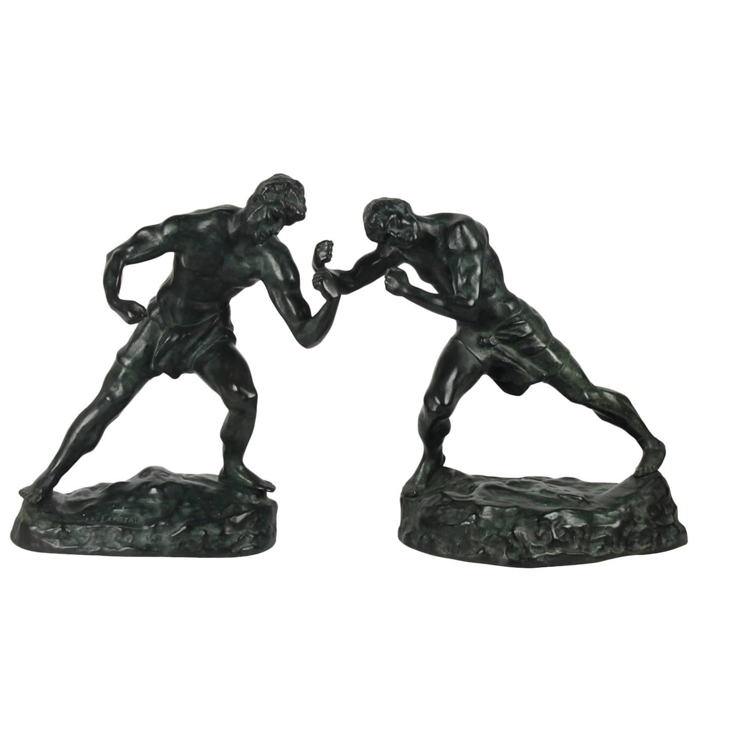 19th Century Bronze Pair of Two Boxing Figures, Signed by Jef Lambeaux