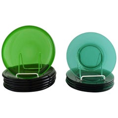 Vintage 12 Plates in Green Art Glass, Josef Frank, Reijmyre / Gullaskruf