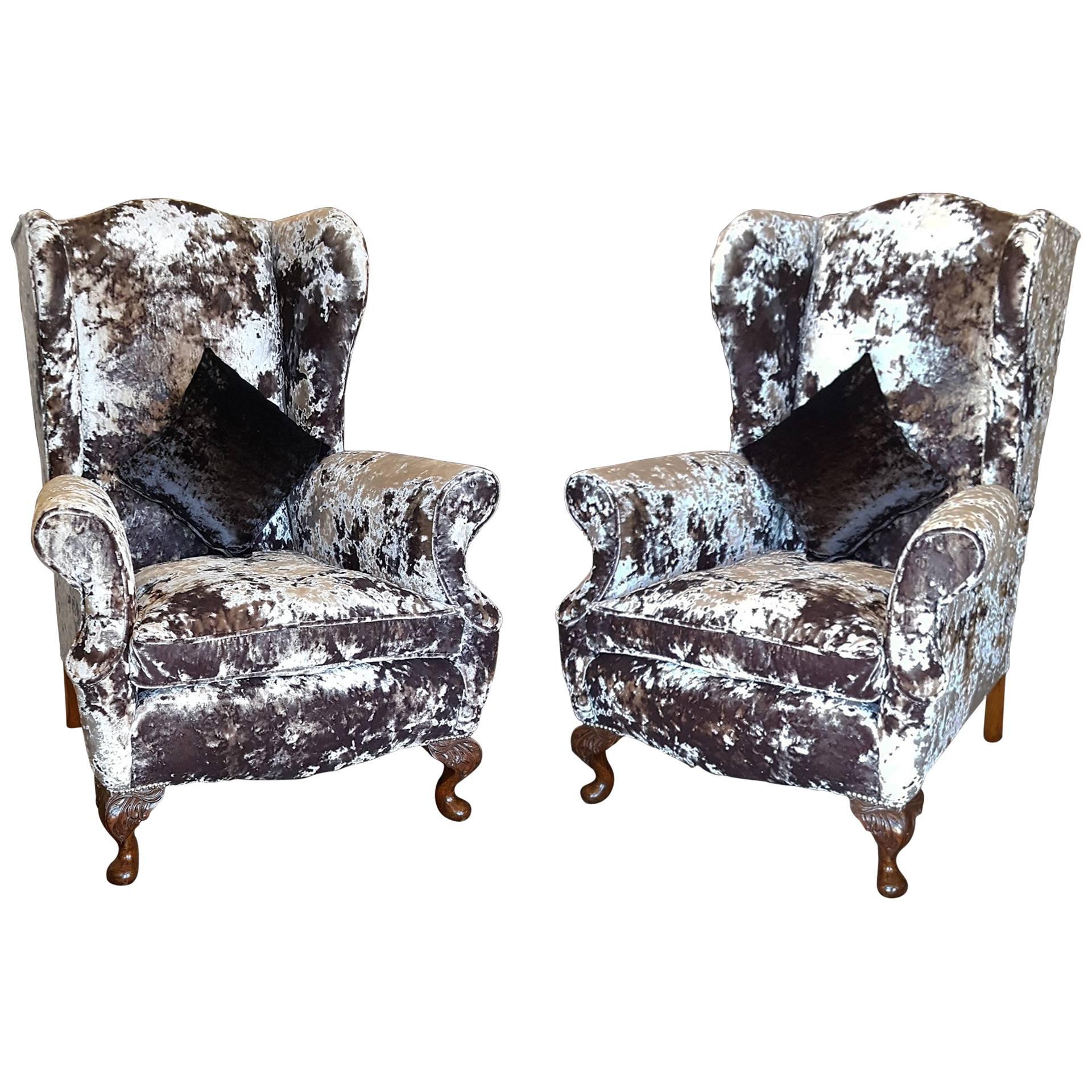 Pair of Early 20th Century Oak Framed Wing Back Armchairs For Sale
