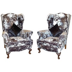 Pair of Early 20th Century Oak Framed Wing Back Armchairs