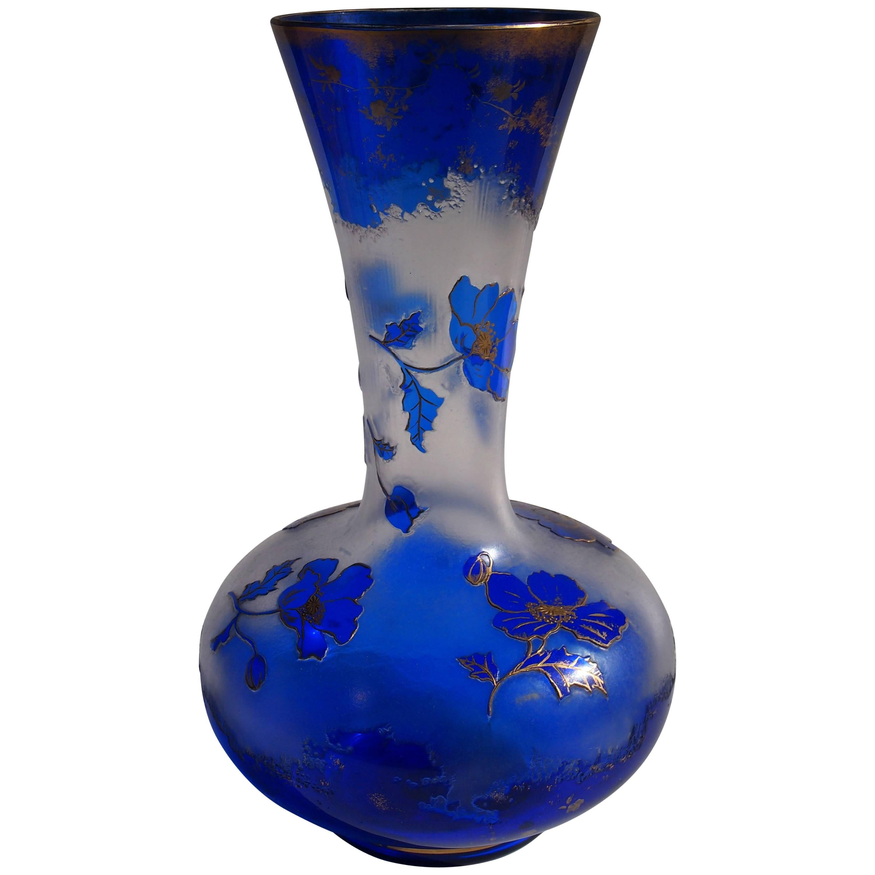 Bohemian Art Nouveau Harrach Blue to Clear Cameo Glass Vase 1900 For Sale