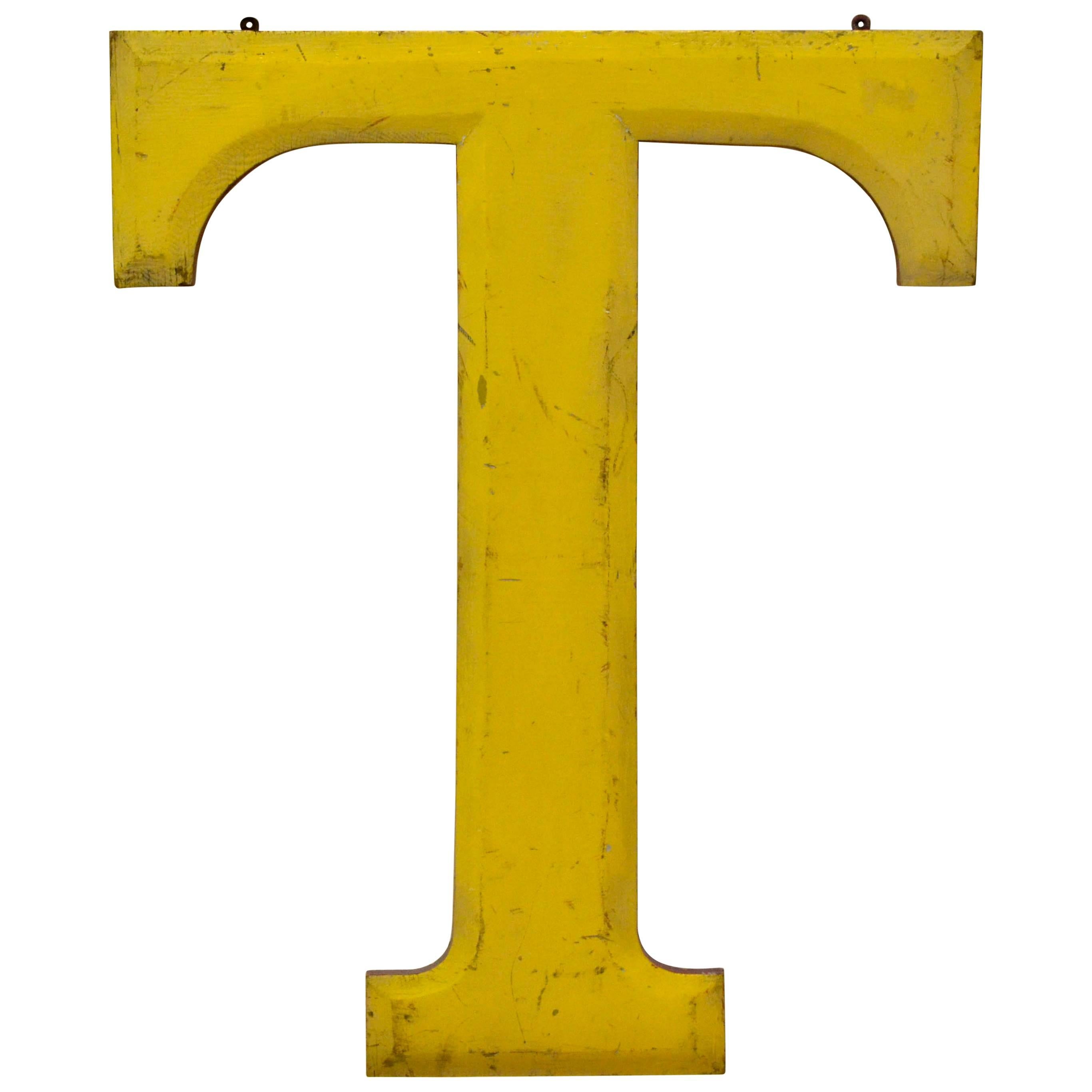 1960s Very Large Yellow Wooden Capital Letter T with Red Border Made in England