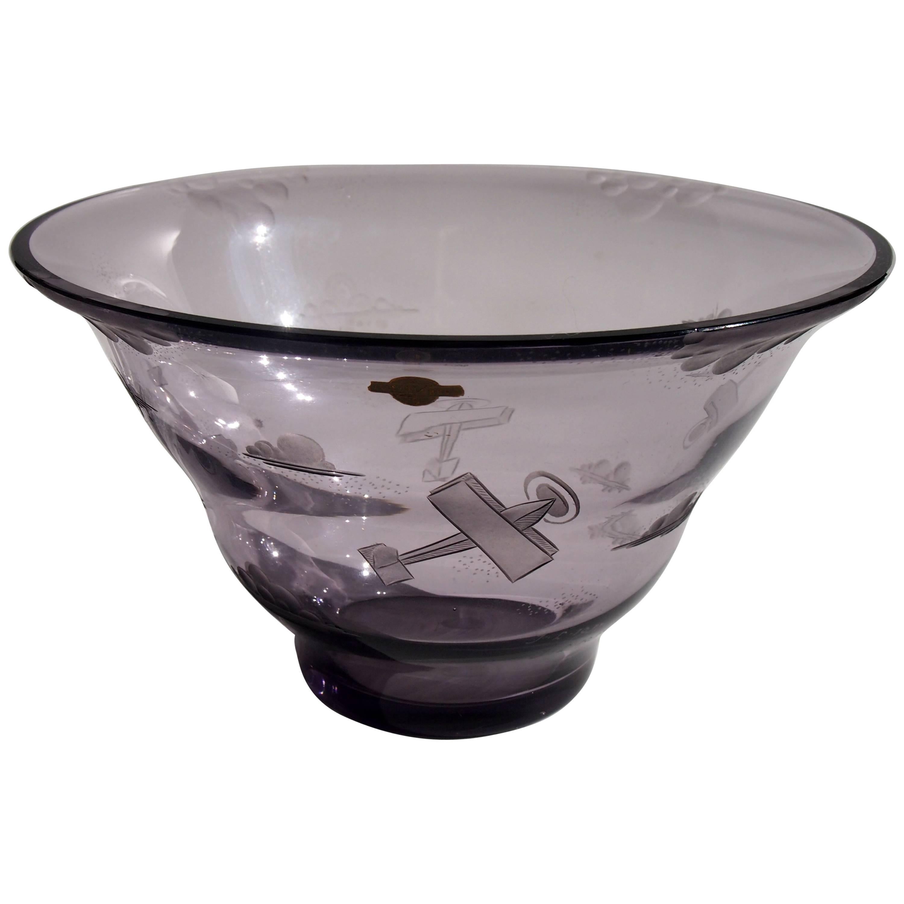 Czech Art Deco Zelezny Brod School Signed and Dated Biplane Glass Bowl For Sale