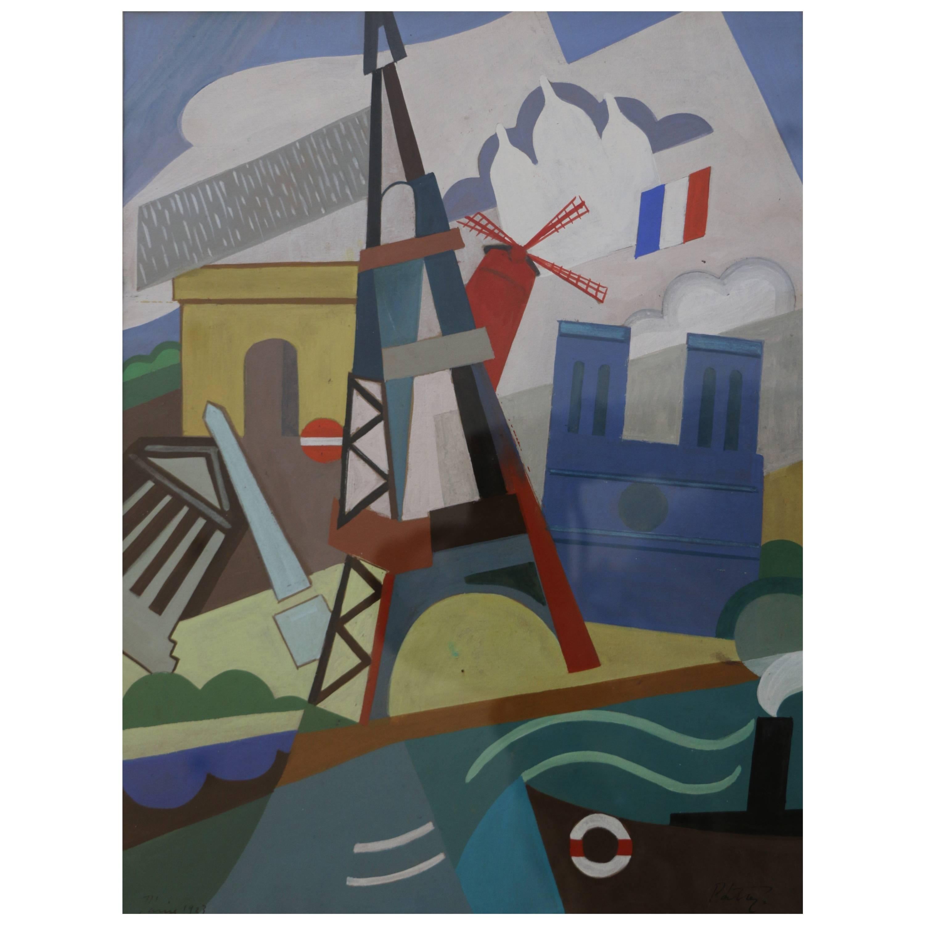 Eiffel Tower Cubist Painting by Pal Patzay Attributed, Hungarian School, 1923