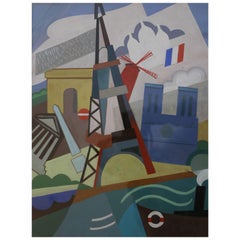 Antique Eiffel Tower Cubist Painting by Pal Patzay Attributed, Hungarian School, 1923