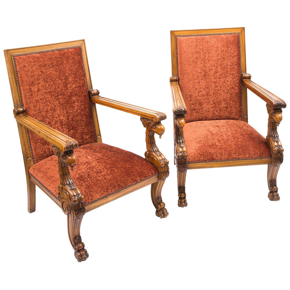 Pair of Flamboyant Irish Mahogany High Back Armchairs, circa 1840 For Sale