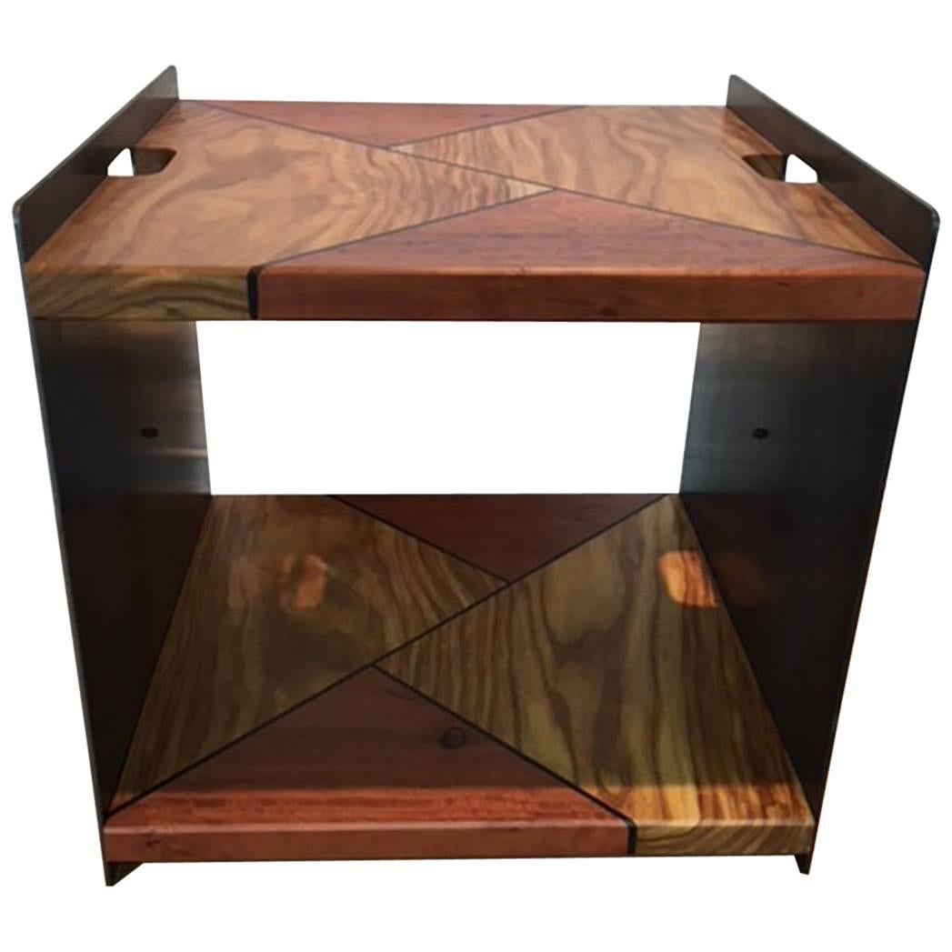 Steel, Rosewood and Eucalyptus Side Table For Sale