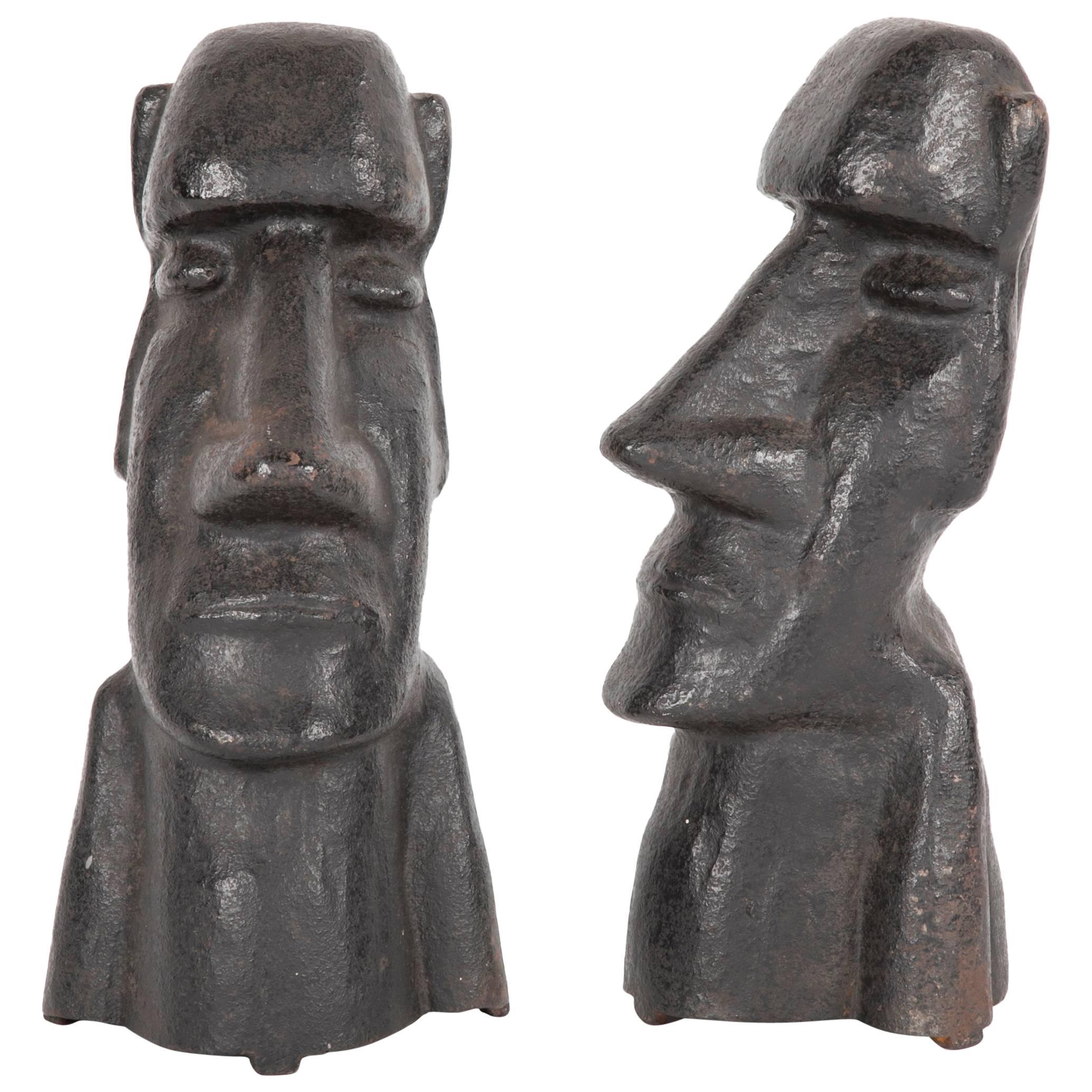 20th Century Cast Iron Andirons in the Form of the Easter Islands Stone Statues For Sale
