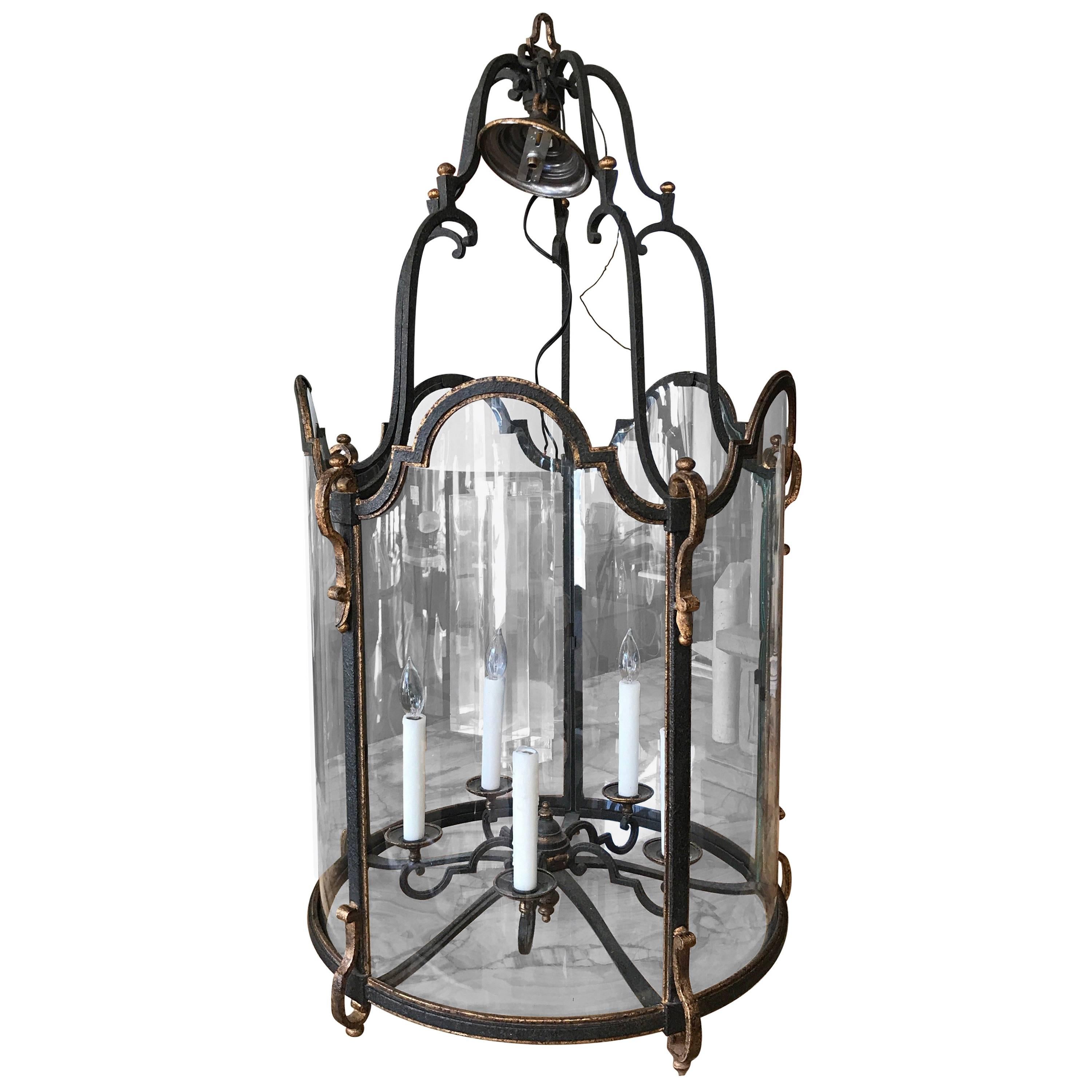 Louis XVI Style  Wrought Iron and Glass Large Hanging Hall Lantern