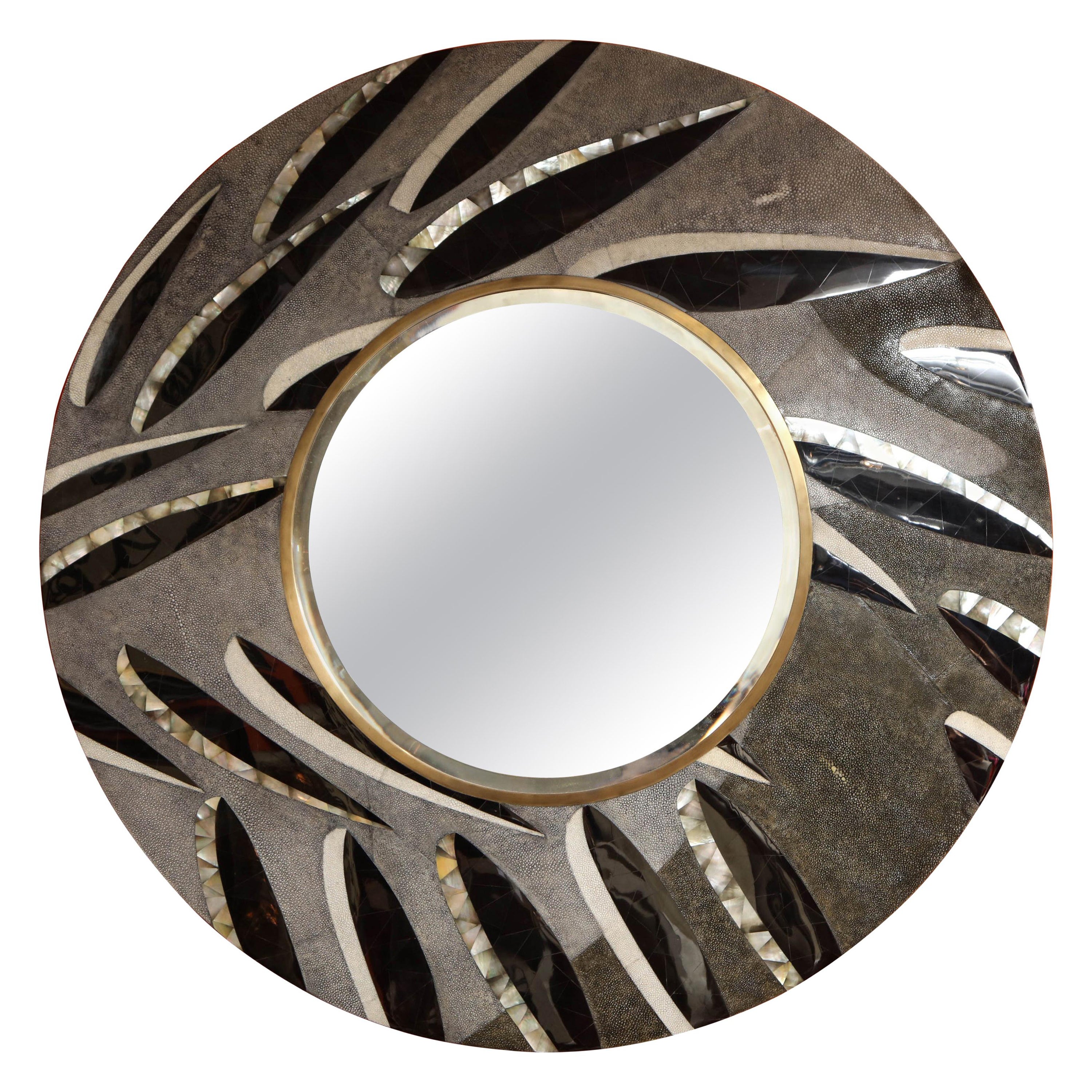Mirror, Shagreen Mirror with Brass and Sea Shell Details, Round Large Scale, New